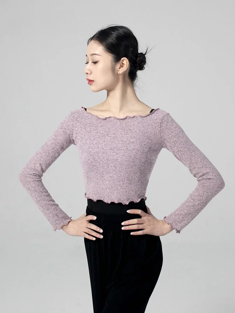 autumn-and-winter-ballet-practice-clothes-long-sleeves-tops-adult-women's-one-word-collar-dance-modern-sweaters