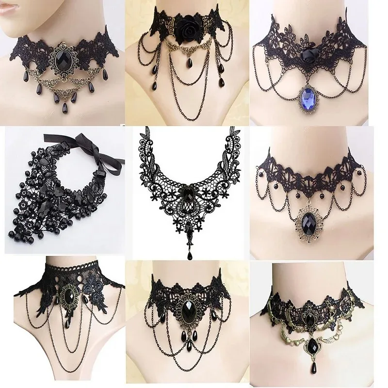 Gothic Victorian Black Lace Necklace Women Girl Boho Crystal Tassel Sexy Lace Choker Dark Loli Style Holiday Party Girl Jewelry