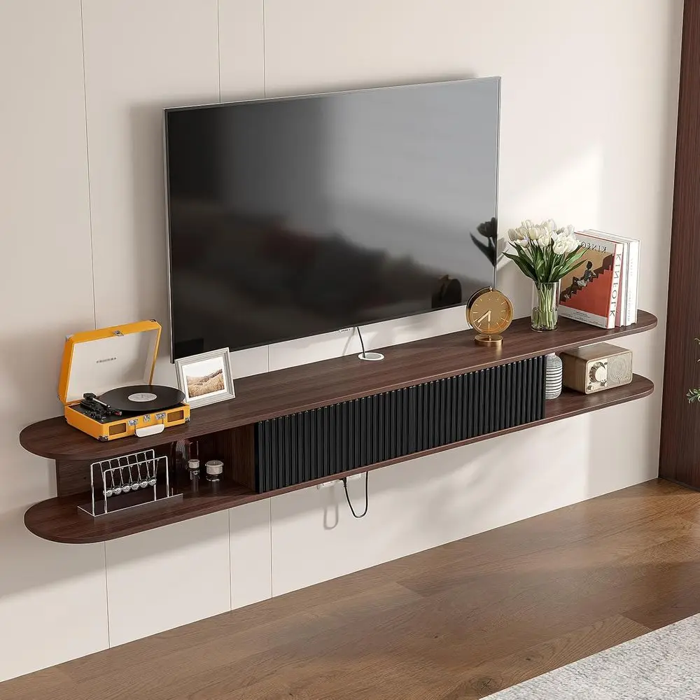 

47 Wall-Mounted Floating TV Stand with 2 Drop-Down Cabinets and 2 Open Shelves, Ideal for Bedroom, Living Room, Media Room, or O