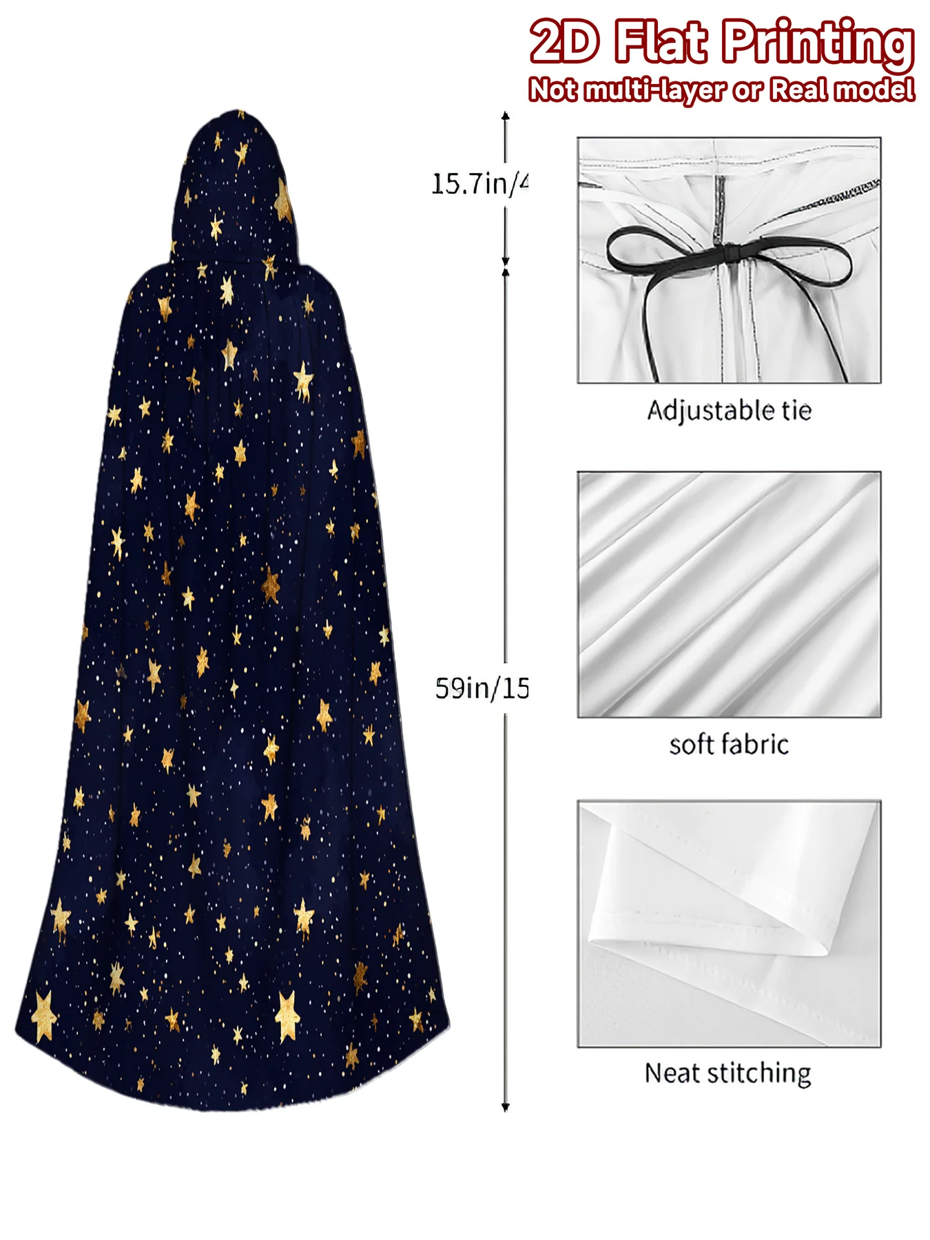 1pc 2D Flat Christmas Golden Starry Night Pattern Hooded Cape | Costume Cloak for Cosplay, Halloween, Carnival Parties, Masquera