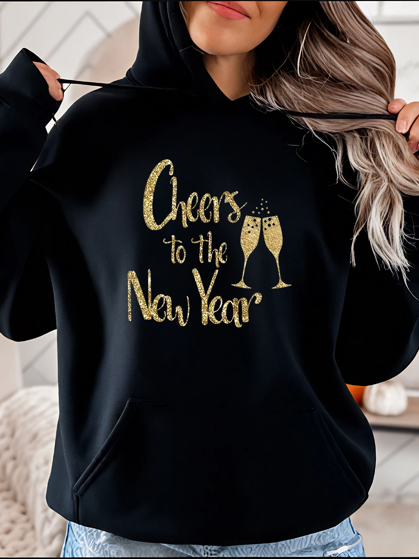 

Новогодняя толстовка с капюшоном «Все в Новый год» с блестящим принтом, женская повседневная толстовка для вечеринки, рождественский праздничный наряд