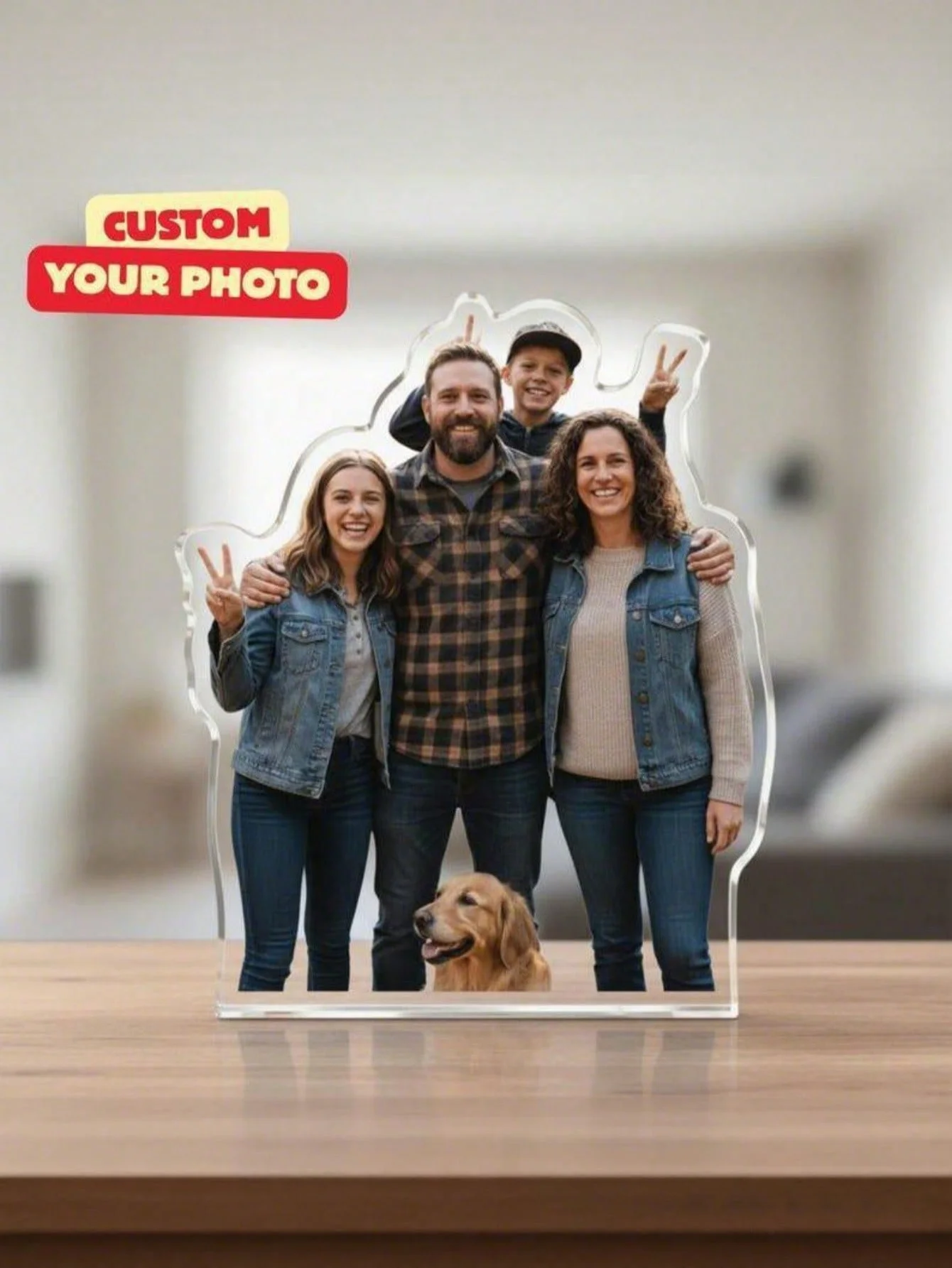 A Custom Acrylic Desktop Decoration with Personalized Photo Options, Including Artistic Images, Couple Portraits, and Family Pho