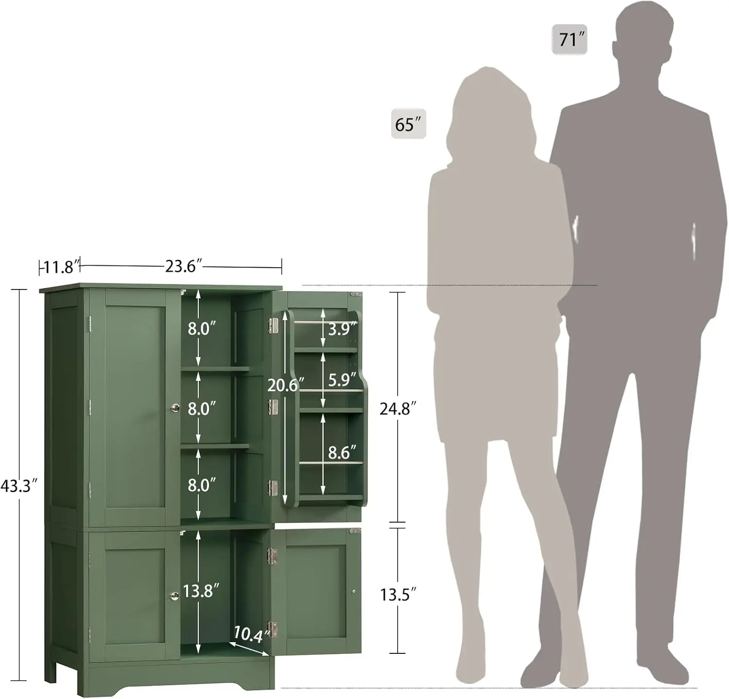43" H Storage Cabinet with 4 Doors, Kitchen Cabinet with 6 Door Shelves, Kitchen Pantry Cabinets for Living Room, Dining Room, Bathroom, Forest Green view 3