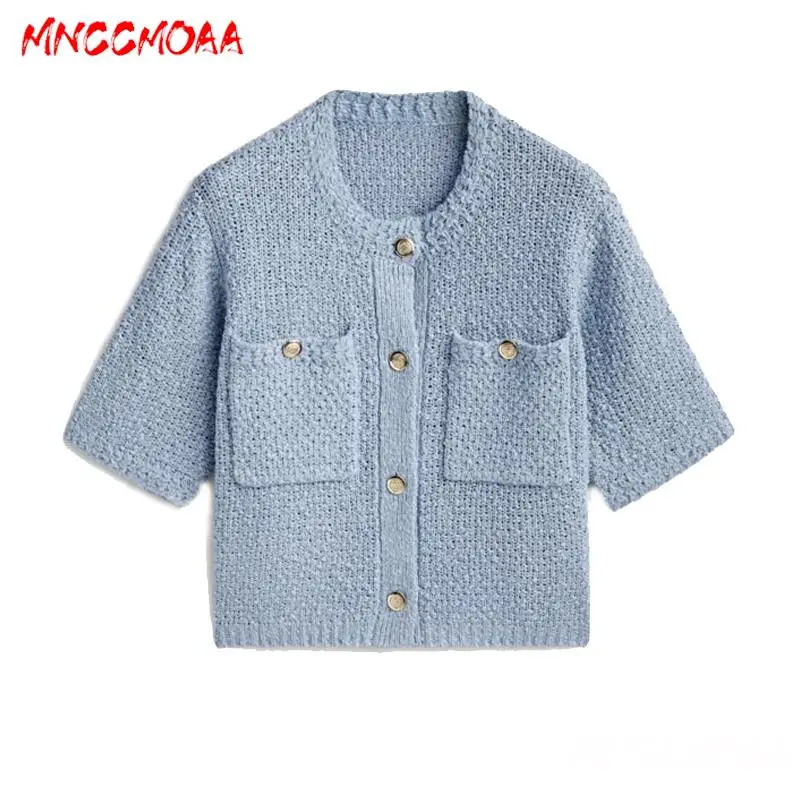 MNCCMOAA-Women\'s Single-Breasted Short Sleeve Knit Sweater, Cardigan, Casual Round Neck Top, Female Fashion, Autumn, 2024