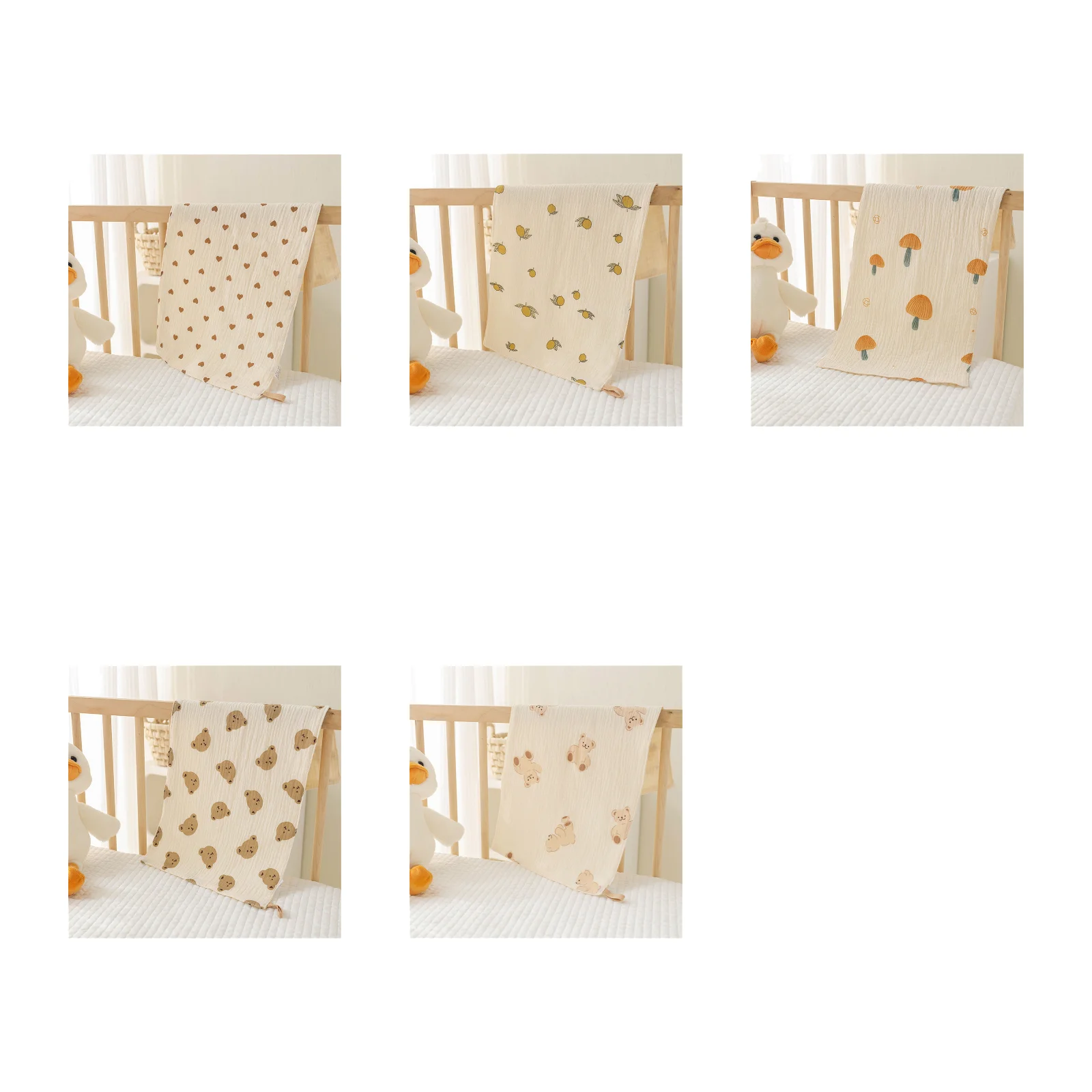 

4-layer cotton gauze baby towel combination pack (love + grapefruit + orange mushroom + bear head + hug bear) 5 pack