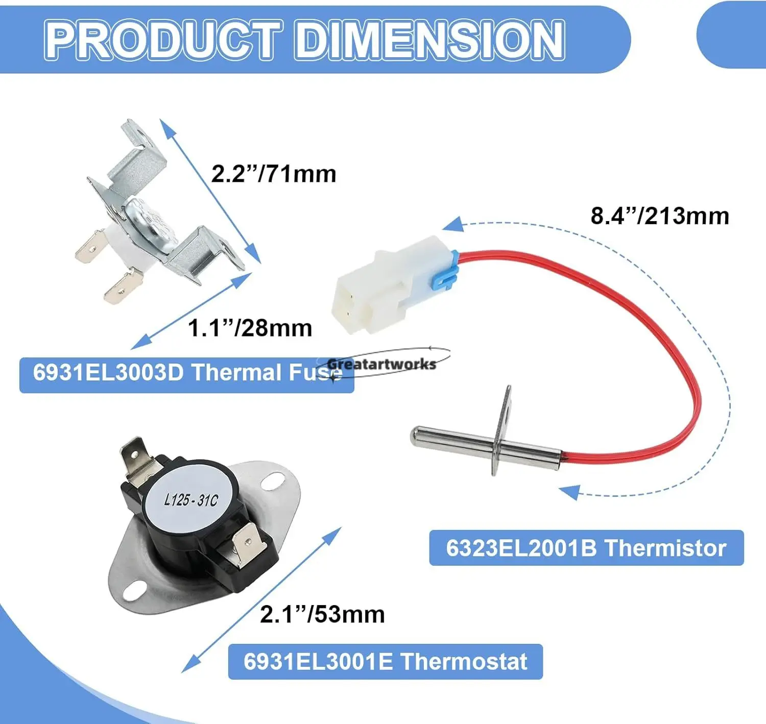 Limit Thermostat 6931EL3003D 6323EL2001B Thermistor 6323EL2001B for LG Dryers AH3530485 AP4440975 PS3530485 1268366 6931EL3003E