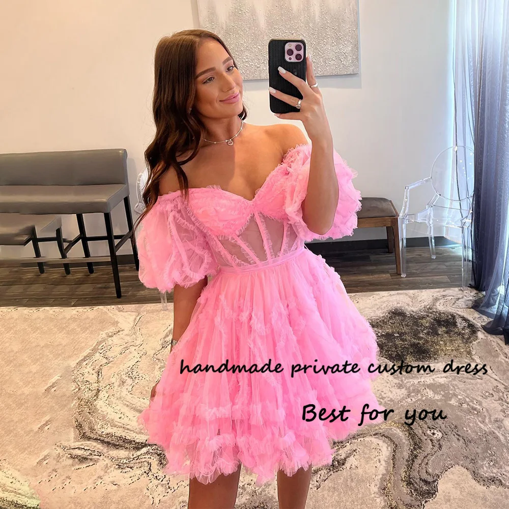 

Pink Tulle Mini Party Prom Dresses Illusion Corset Sweetheart Evening Gowns A Line Short Graduation Homecoming Dress