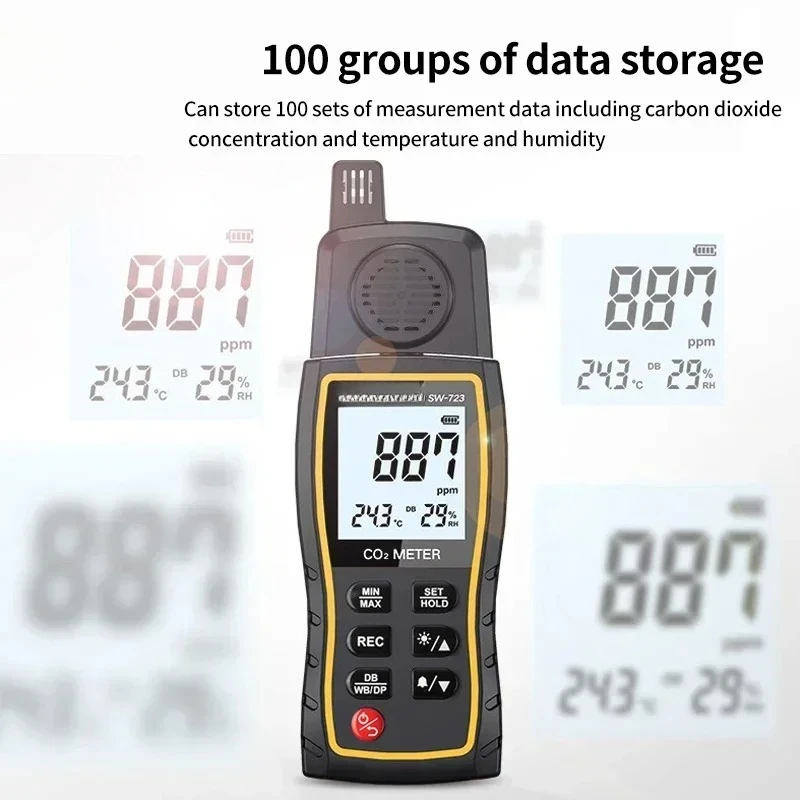 SW-723 Gas Detector Carbon Dioxide CO2 Monitor Alarm 9999 PPM Sensor Professional Carbon Dioxide Tester Device CO₂ Meter