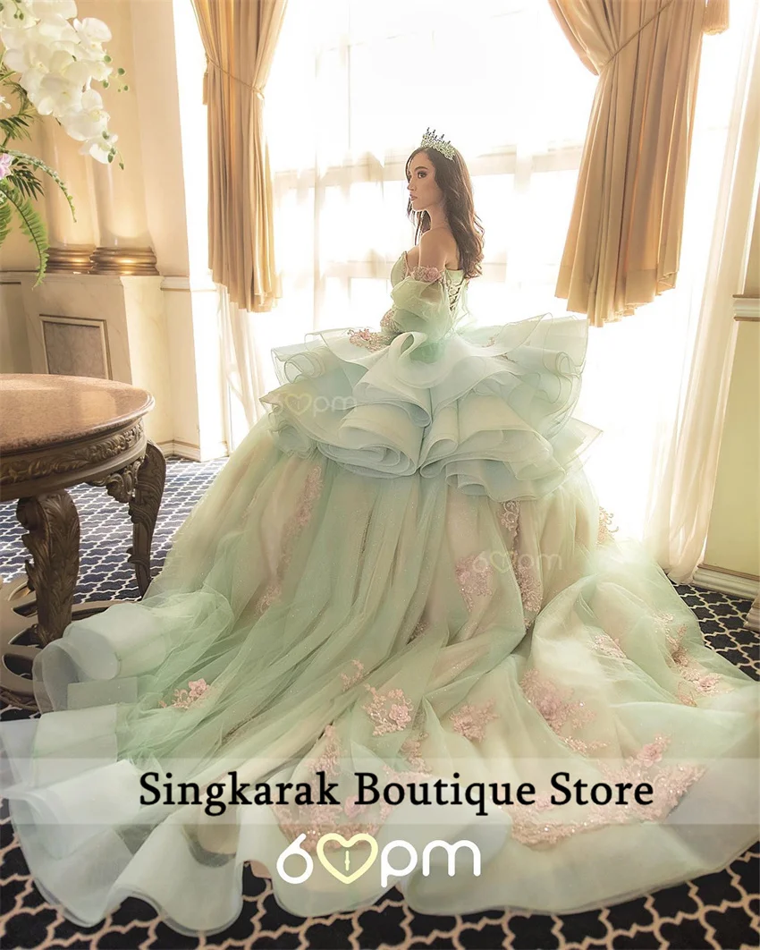 Elegante groene Sweet 16 Quinceanera jurk gezwollen mouwen kralen kristallen bloem kant applicaties vestidos de 15 años korset aanpassen