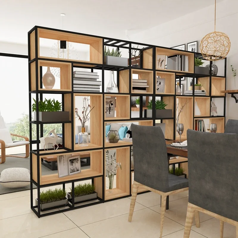 Simple floor partition, multi-layer storage and display rack, living room, steel and wood combination bookshelf