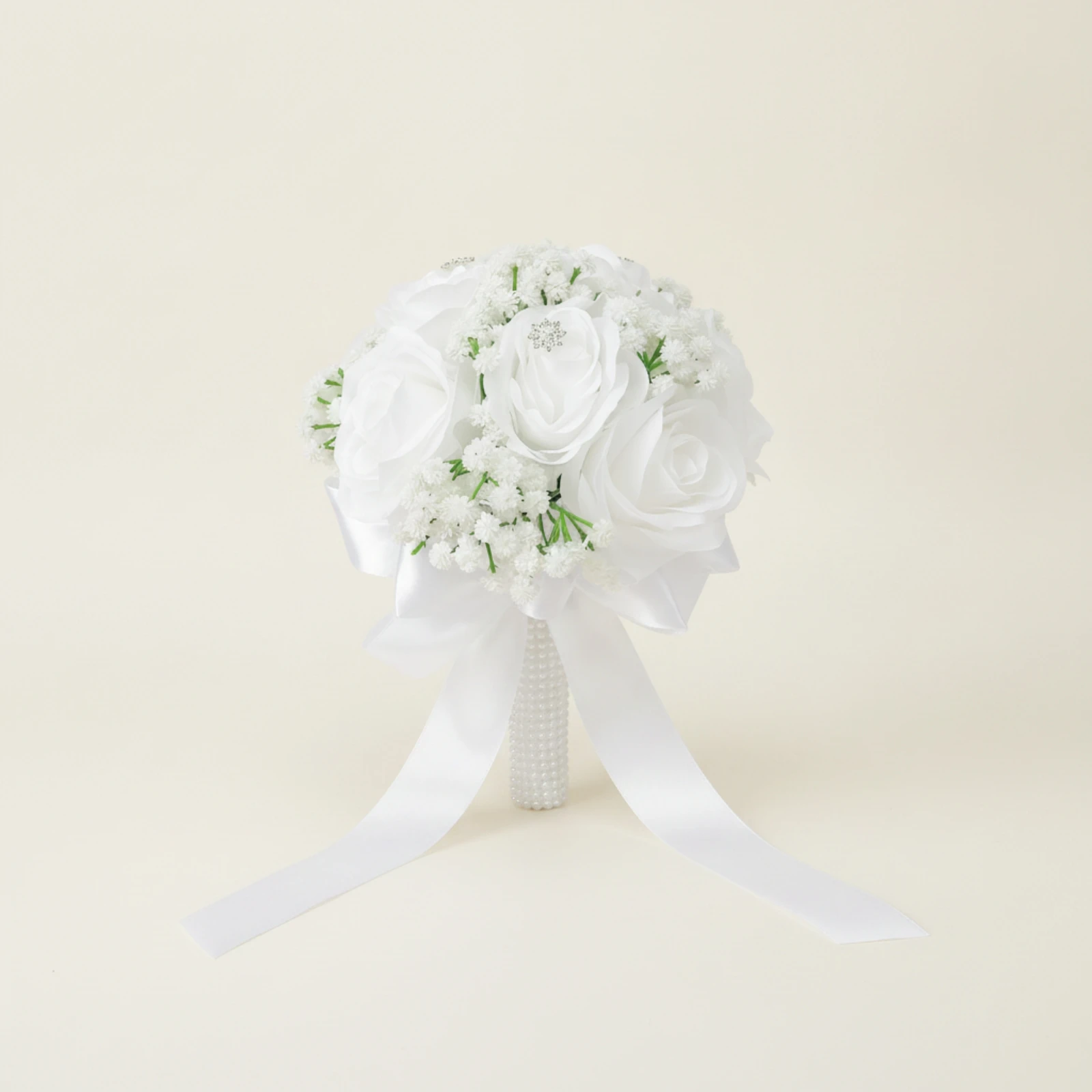 Silk Rose Bridal Bouquet Elegant Bridal Hand Bouquet with Pearl Handle Low-Maintenance Long-Lasting for Brides, Keepsake Display