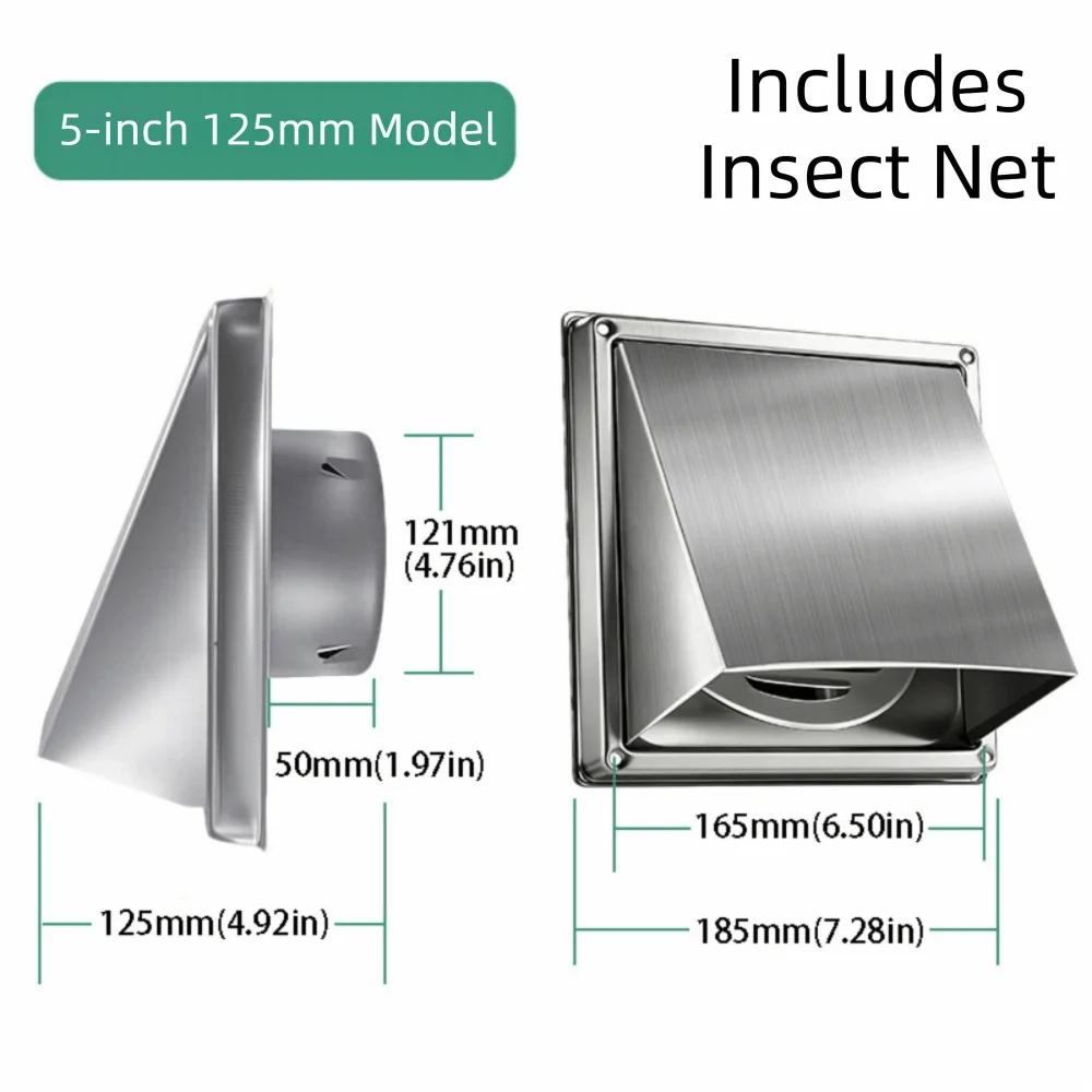 Stainless Steel Dryer Vent Cover Durable Non-Return Flap Outdoor Vent Cushioned Black/Silver Ventilation Outlet Outdoor Walls