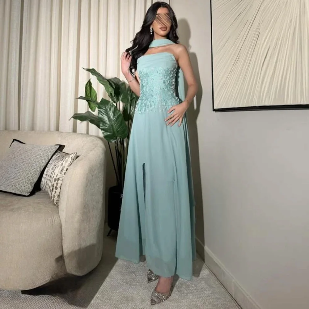 

A-Line Strapless Sleeveless Elegant Evening Dress Customized High Quality Beading Party Dresses Split Special Occasion Gowns