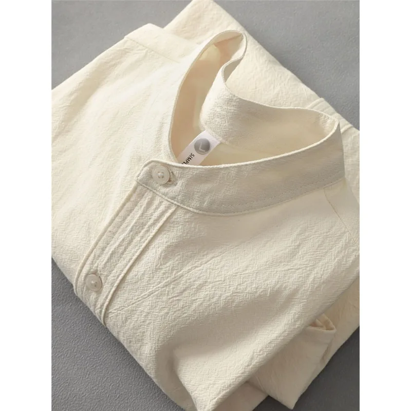 New Summer Fashion Single Breasted Solid Color Short-sleeved Shirt Men Stand Collar Five-point Sleeve Commute Men Top