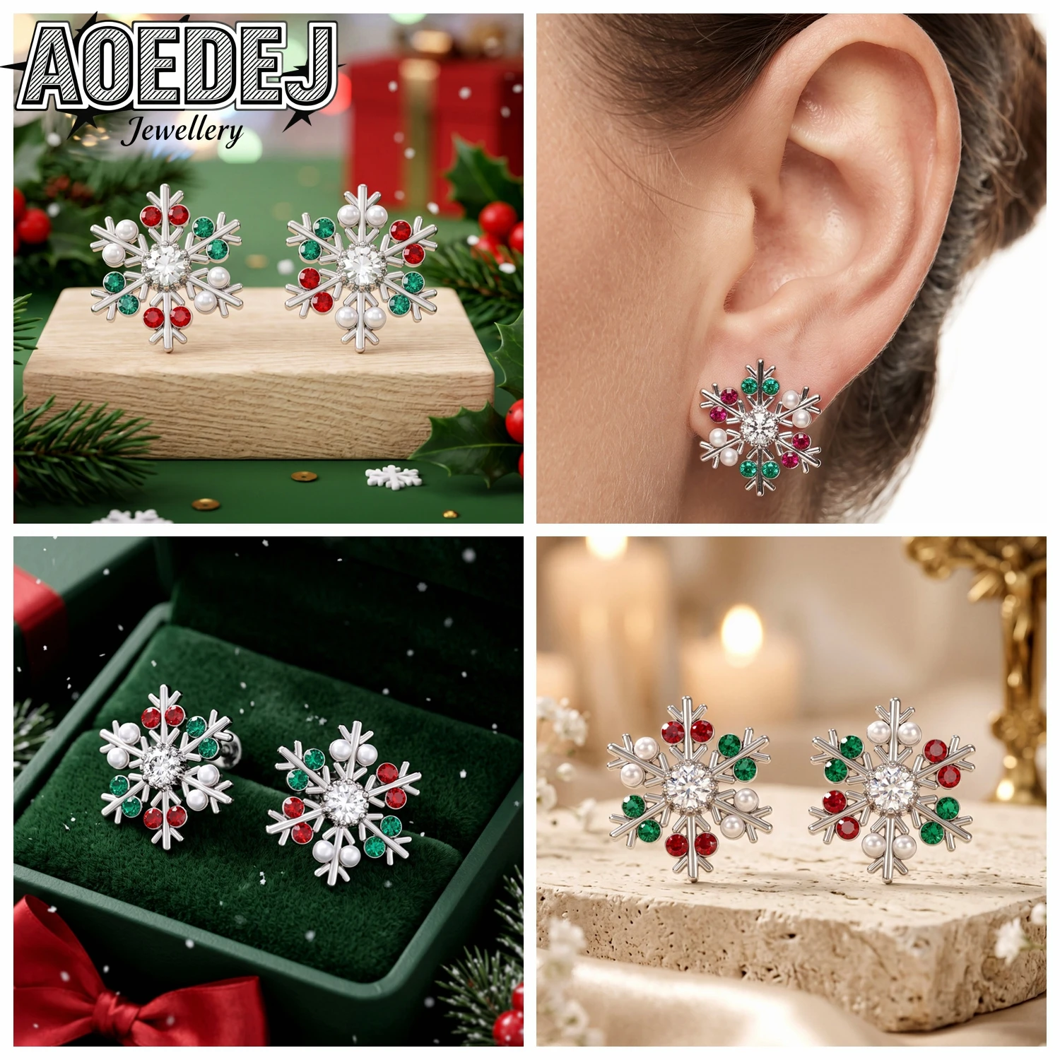 AOEDEJ 2 PCS/LOT Christmas Drop Snowflake Ear Studs Women Green Red Zircon Stud Earrings Pendant Lobe Piercings Holiday Jewelry