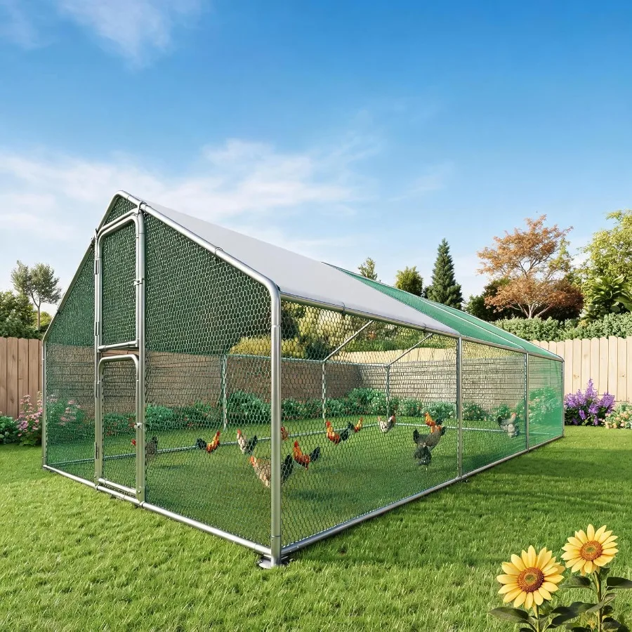 Large Metal Chicken Coop Walk in Heavy Duty Outdoor Poultry Run with Protective Cover for 25-35 Chickens, Ducks, or Rabbits Pre