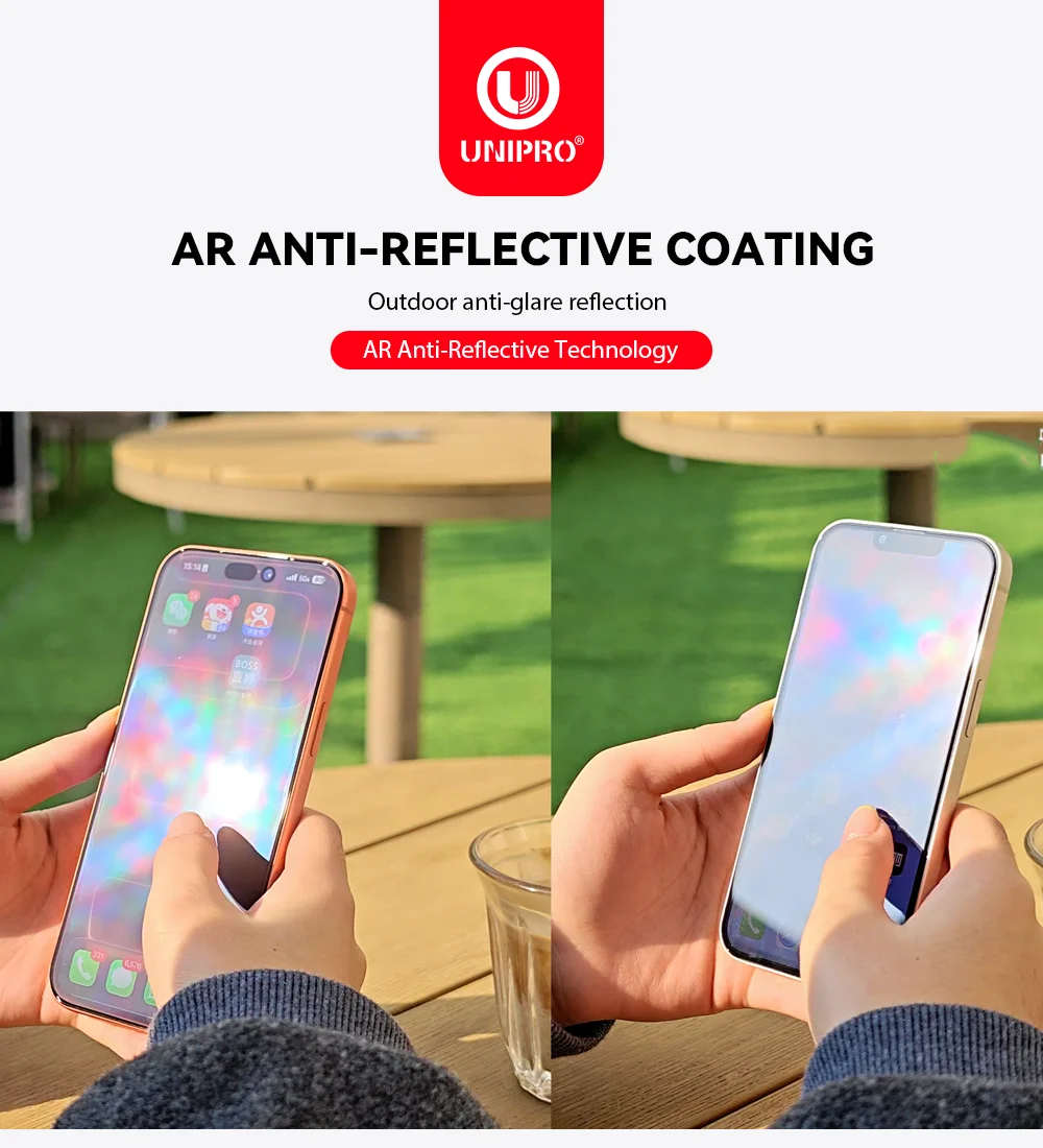 UNIPRO – wyjątkowo wytrzymałe, powlekaną antyrefleksyjnie i antyobrazową warstwą folią ochronną na ekran do iPhone 18, 17, 16, 15 Pro Max. Wytrzymałość 45 kg. Folia do iPhone 18 Duo. — zdjęcie produktu 3