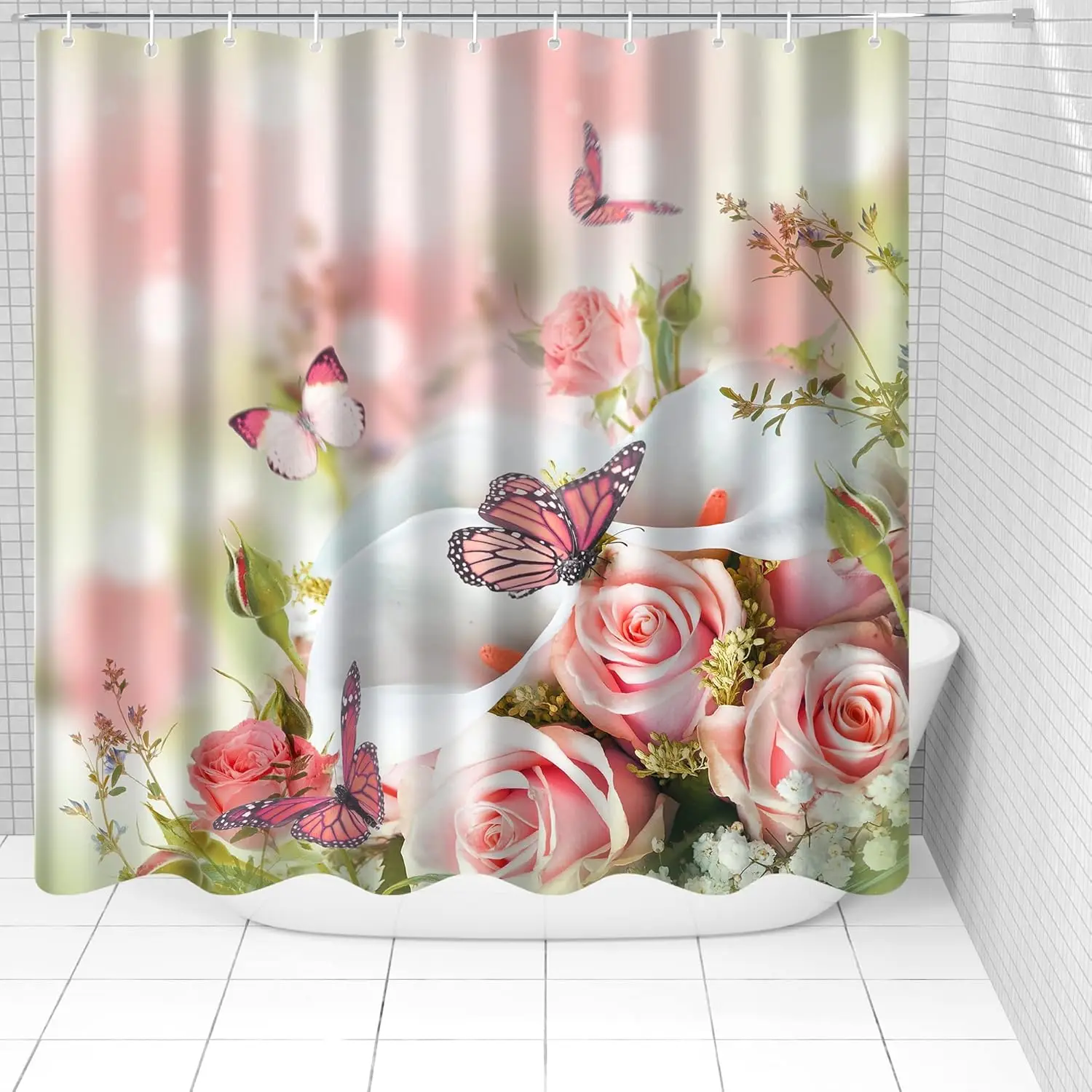 

Симпатичная занавеска для душа с розой и бабочкой, цветочный дизайн, декор для ванной комнаты, романтическая тема, водонепроницаемая занавеска для ванны