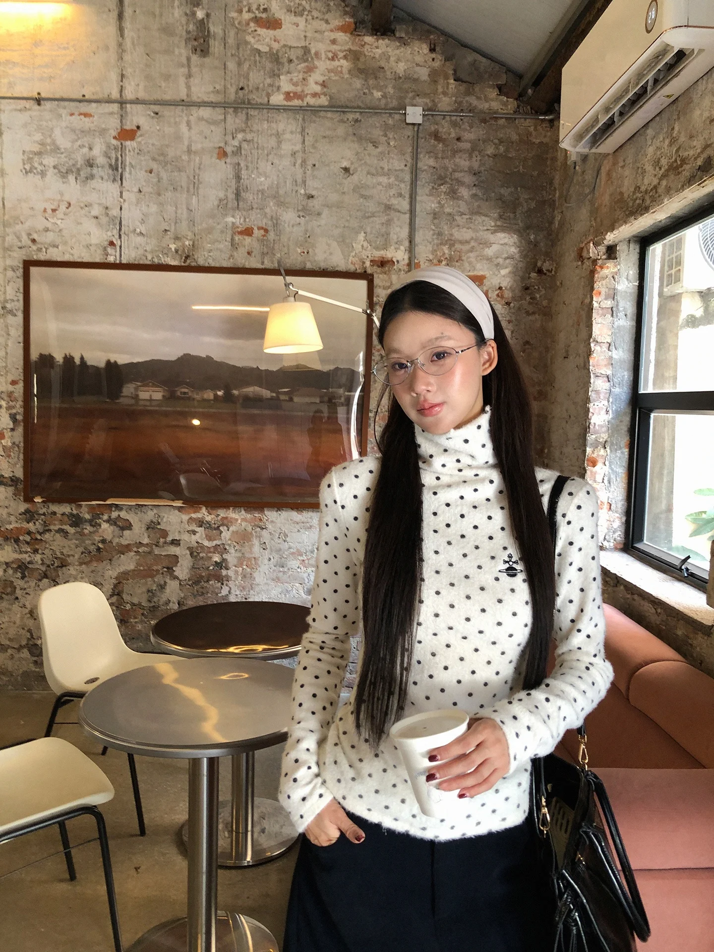 

Red Dot Boutique Women's Long Sve High Collar T-irt Inner Wear Base irt Polka Dot Ele Top Commute Sle Straight Cut