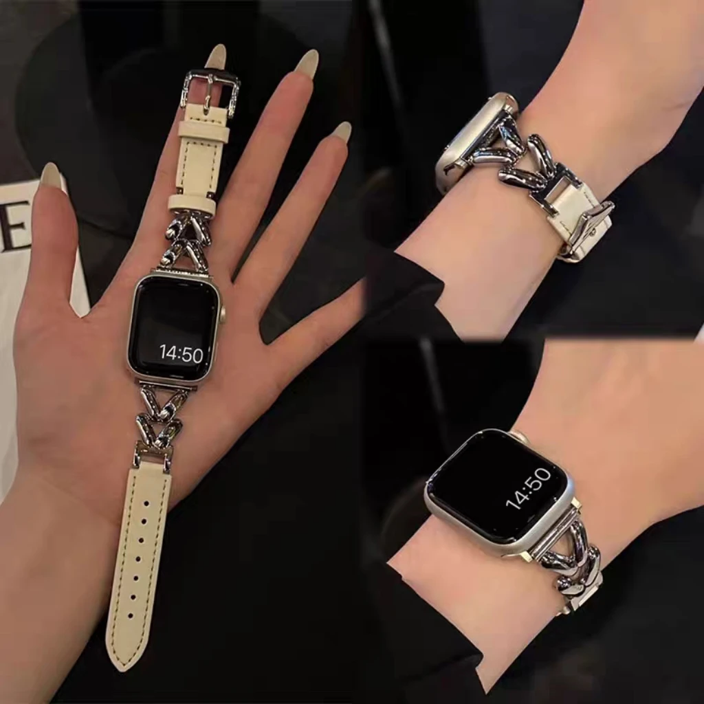 Metal leather loop For Apple Watch band women 11/10/9/8/7/6/5/4/3 SE 38mm 40mm 41mm 42mm 44mm 45mm 46mm 49mm Strap