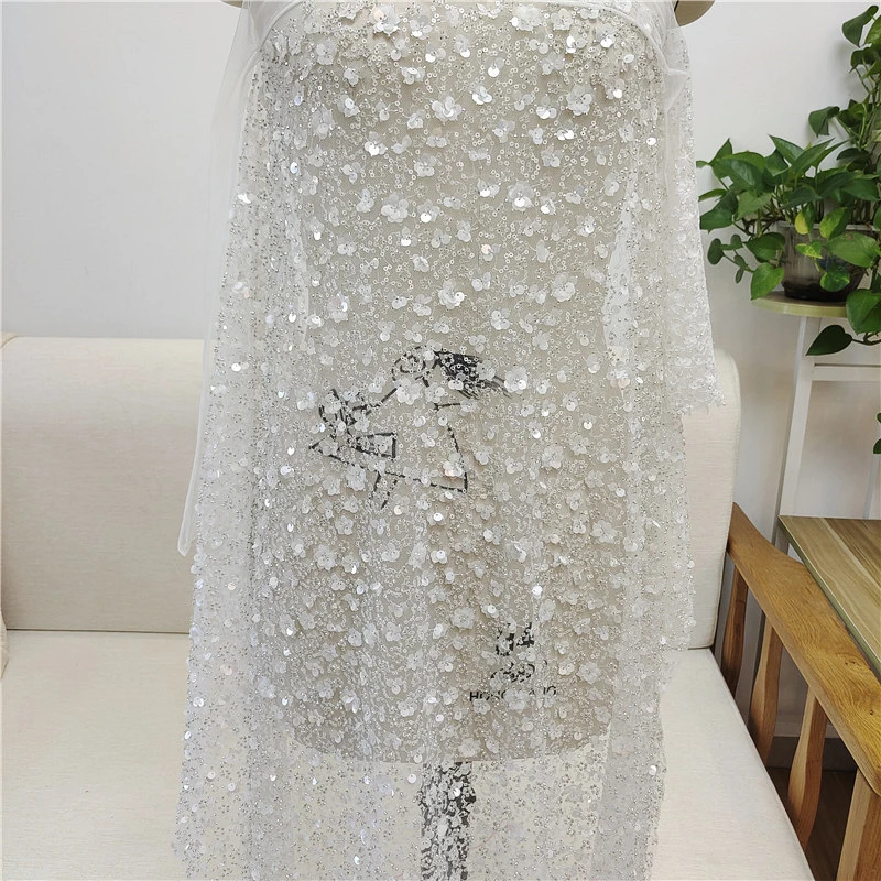 New Heavy Industry Flower Beaded Sequins Fabric Wedding Dress Curtain Clothing Lace Fabric Embroidery Lace Fresh Veil