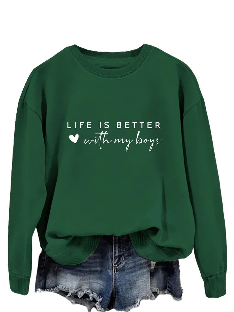 New fashion autumn and winter cotton Life is better with my boys trend vintage crew-neck top long-sleeved hoodie