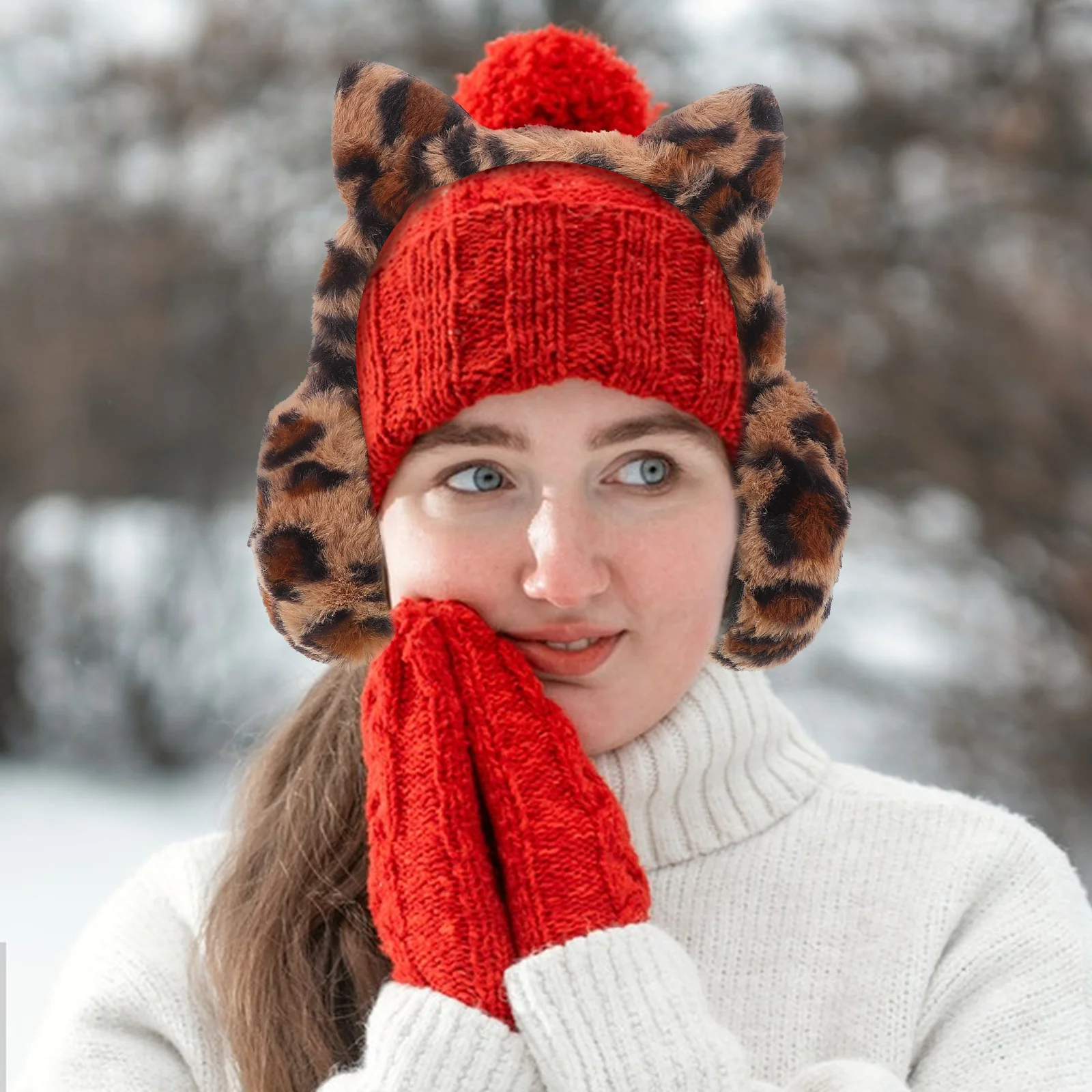 Diadema más cálida con estampado de leopardo para niños de invierno, piel de felpa esponjosa, mujer, señorita