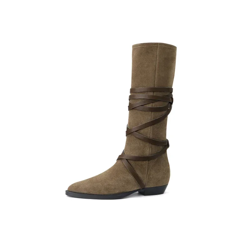 Spring Autumn Women Suede Long Boots Fashion Cross Strap Western Knight Booties Pointed Toe Female Shoes