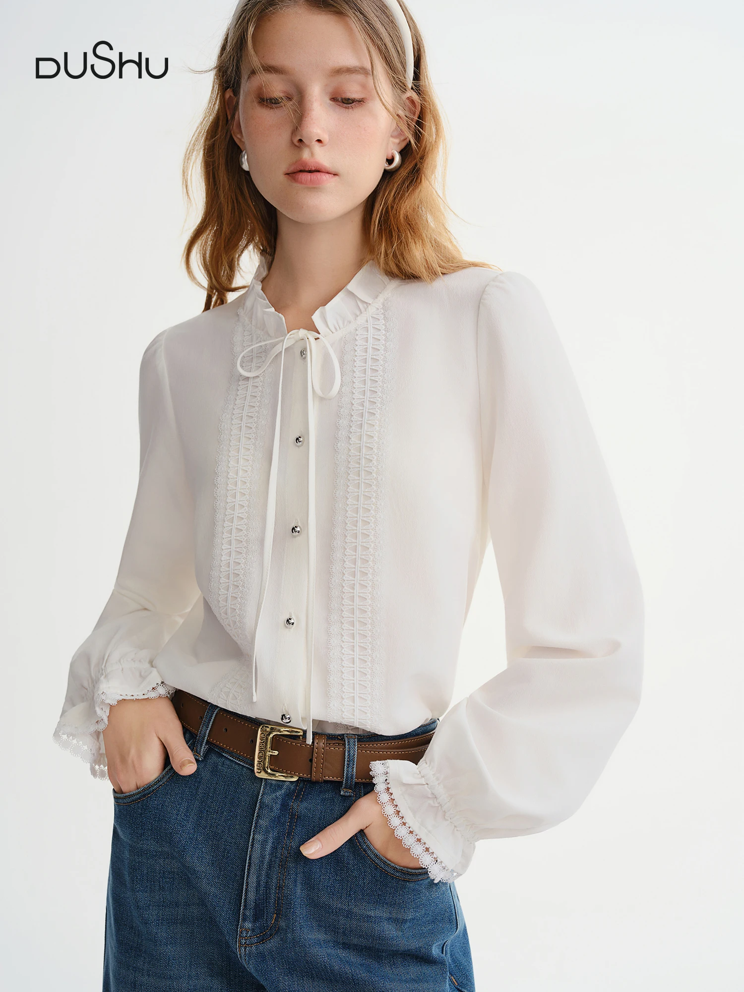 DUSHU Plus-size Women's Clothing Jasmine Tale French-style Wooden Collar Stay Tie-front White Shirt Winter 2025 New Slimming Top