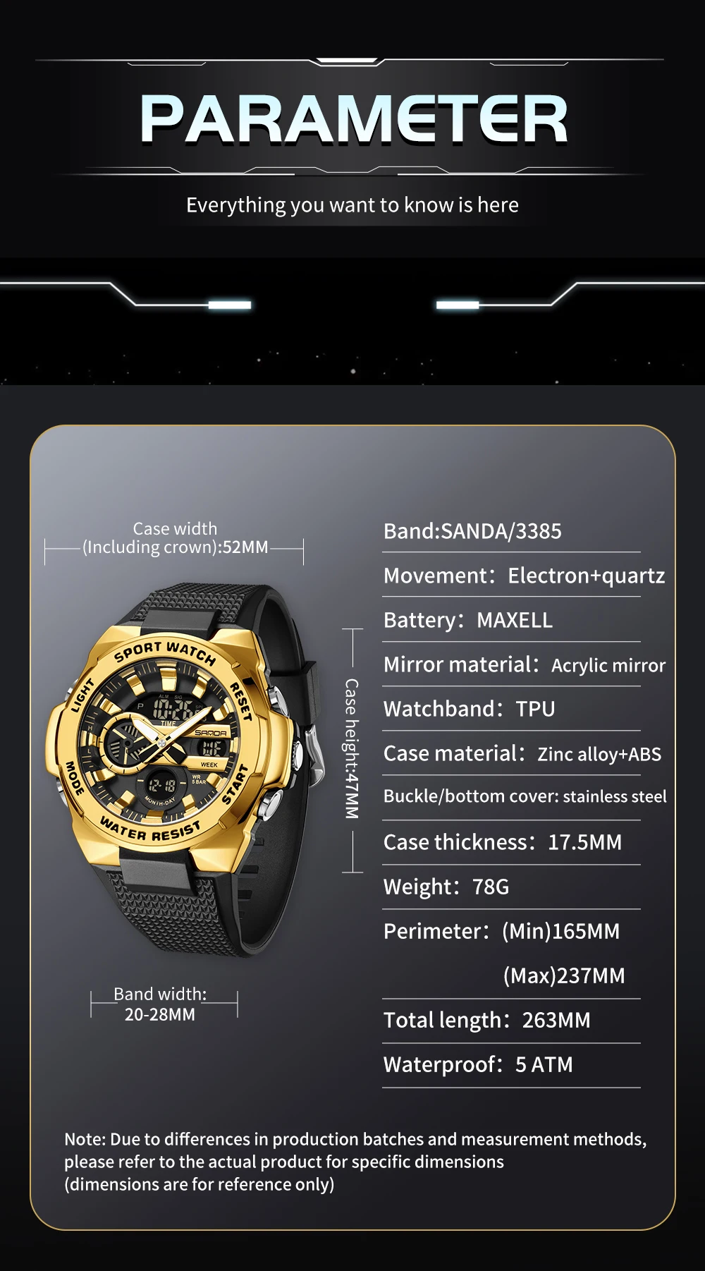 Moda SANDA nuevo 3385 reloj electrónico de lujo para estudiantes reloj electrónico deportivo multifuncional LED resistente al agua con pantalla Dual