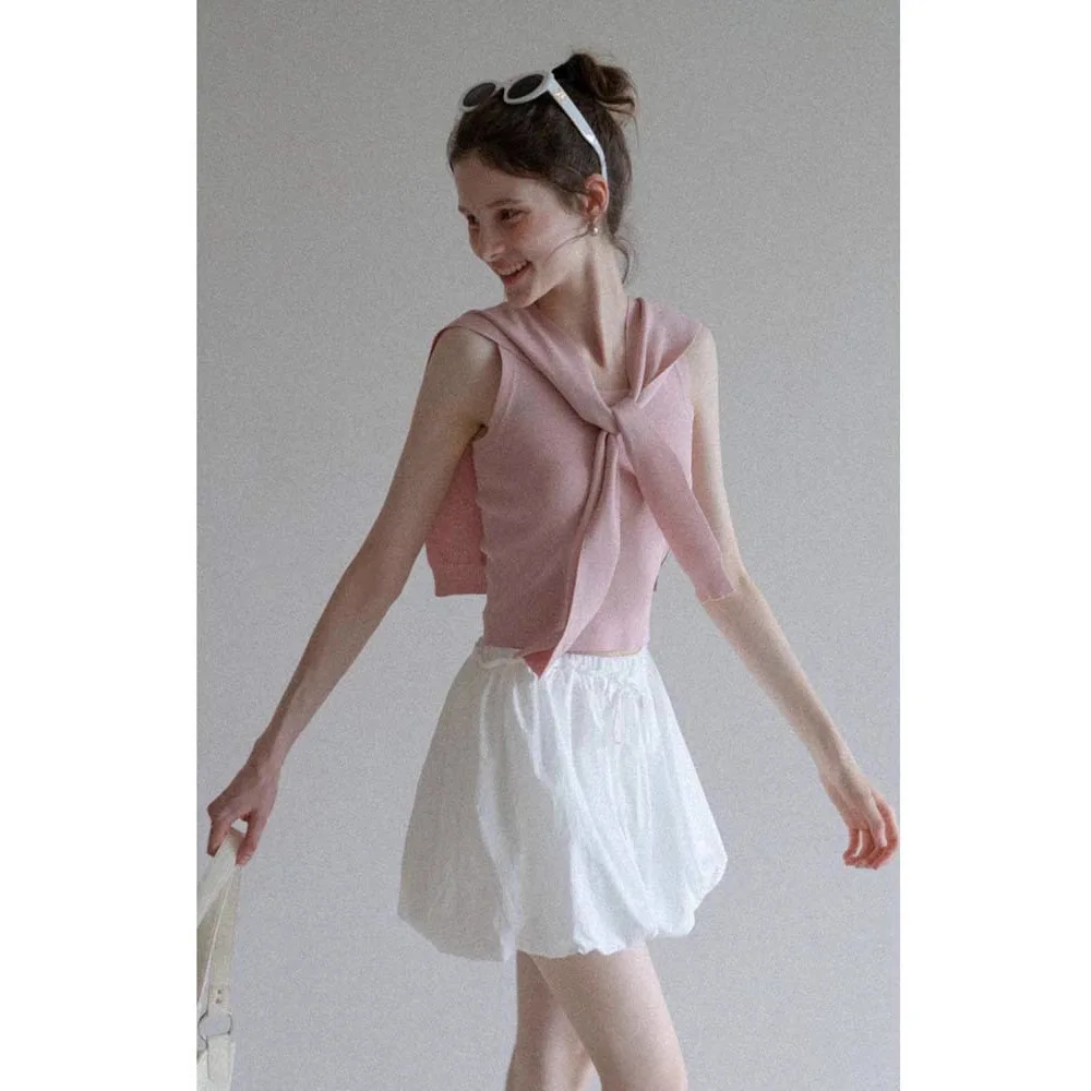 Detachable Knit Tie Shawl Sleeveless Rib Knit Crop Top Crew Neck Slim Fit Preppy Style Casual Layered Vest