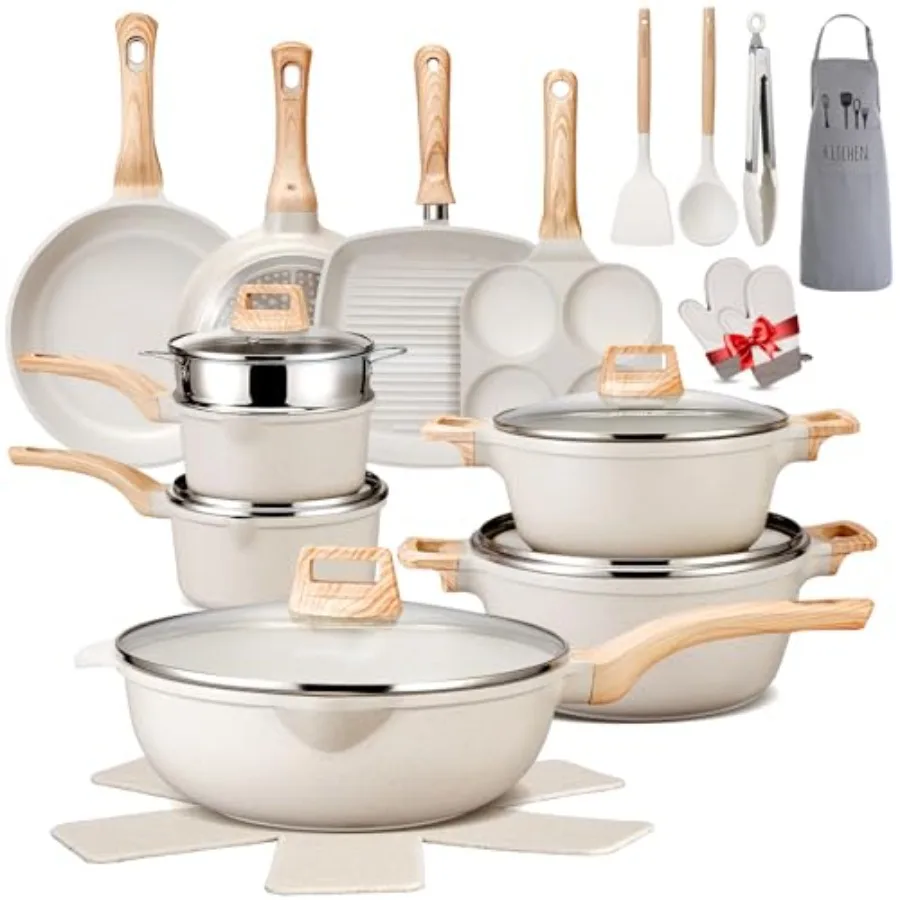 

27PCS Pots and Pans Set, Nonstick Ceramic Cookware Set, Healthy Kitchen Cooking Set with Gloves, Apron, Silicone Tools and Pot