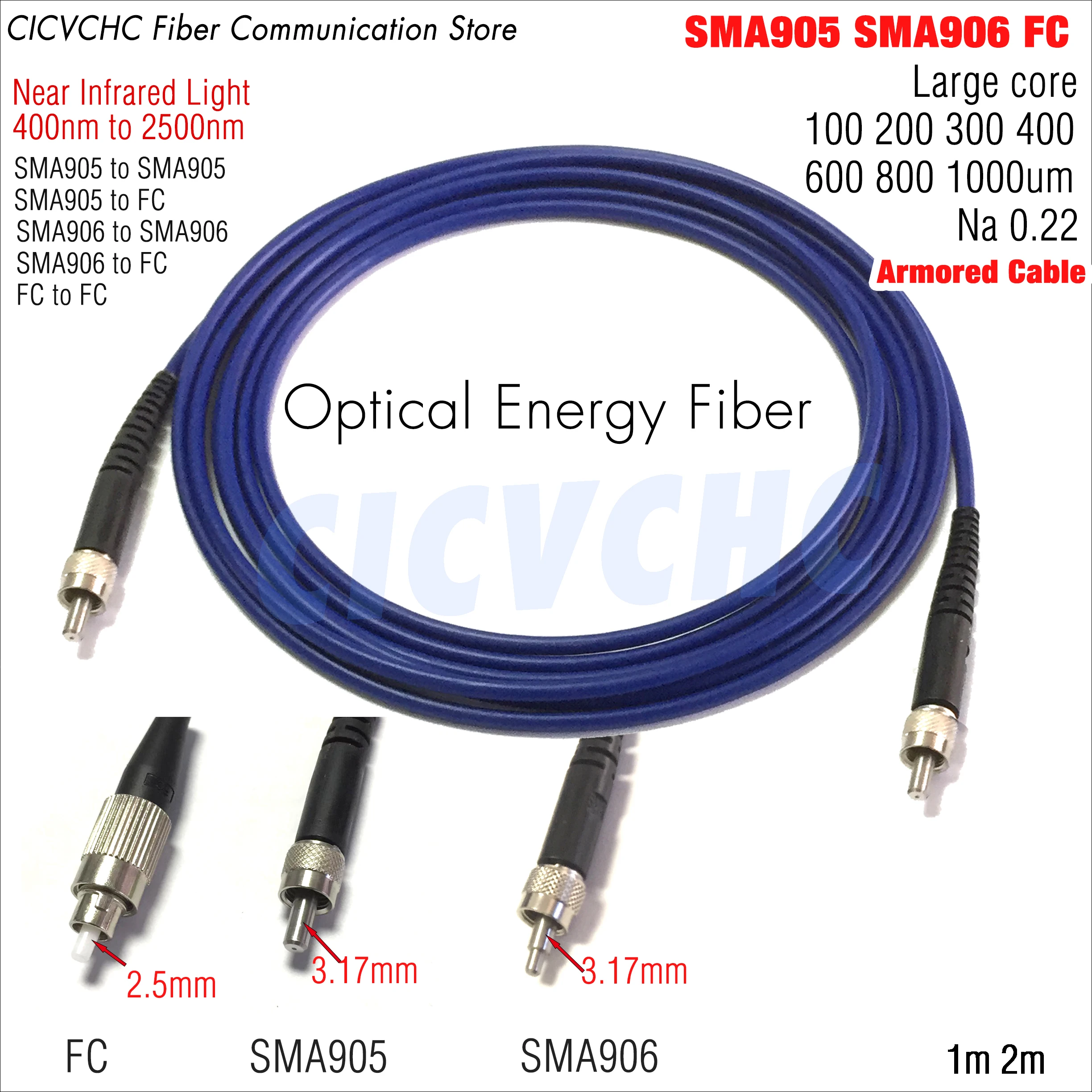 

SMA905 SMA906 FC Energy Quartz Medical Fiber Optic with 100, 200 1000um Large Core Near Infrared Light 400-2500nm Na0.22 Extend