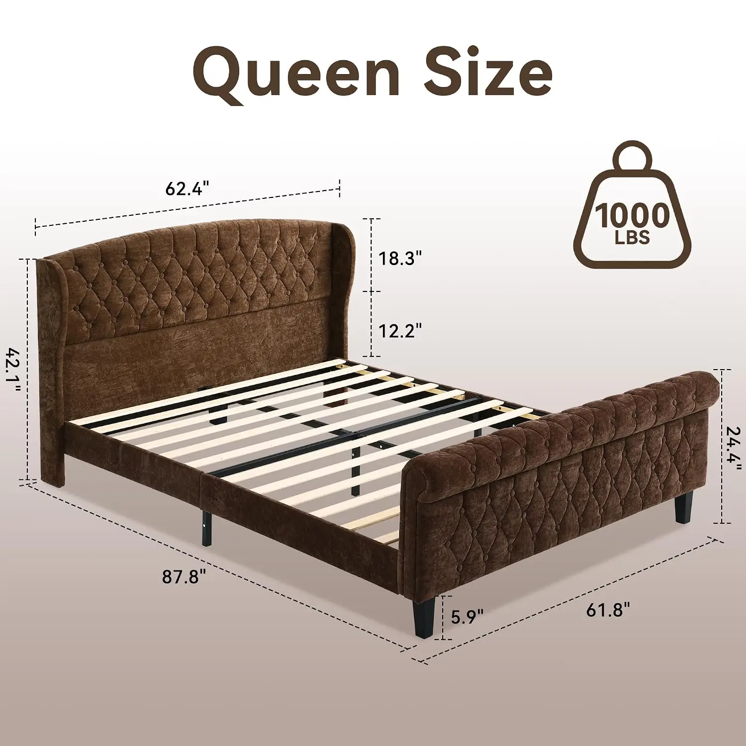 Queen Size Sleigh Bed Frame with Wingback Headboard, Chenille Upholstered Platform Bed Frame with Scroll Footboard,, Customized