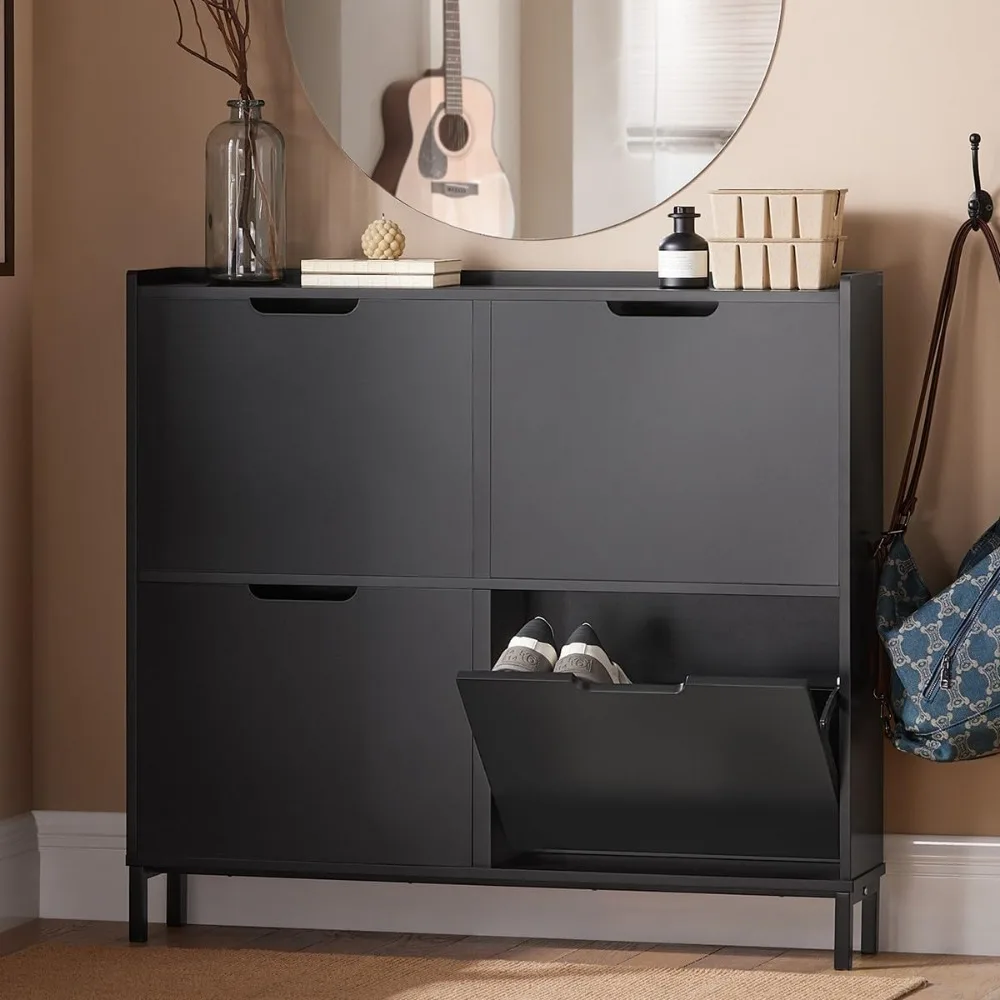 White Flip-Drawer Shoe Cabinet, Slim Freestanding Shoe Storage, Compact Shoe Organizer for Entryway, 7.5