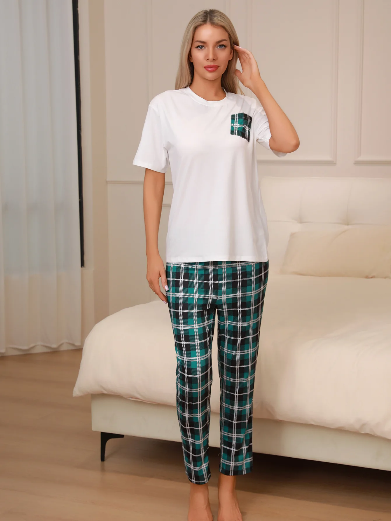 

Женские пижамы, брюки с короткими рукавами, клетчатая повседневная одежда из двух предметов, домашняя одежда