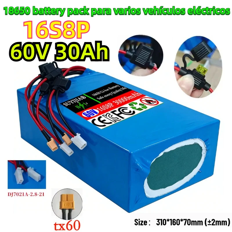 Batería De Litio De 60V 30Ah 16S8P 30000mAh 2000W Con BMS Incorporado De Alta Potencia Adecuada Para Varios Vehículos Eléctricos