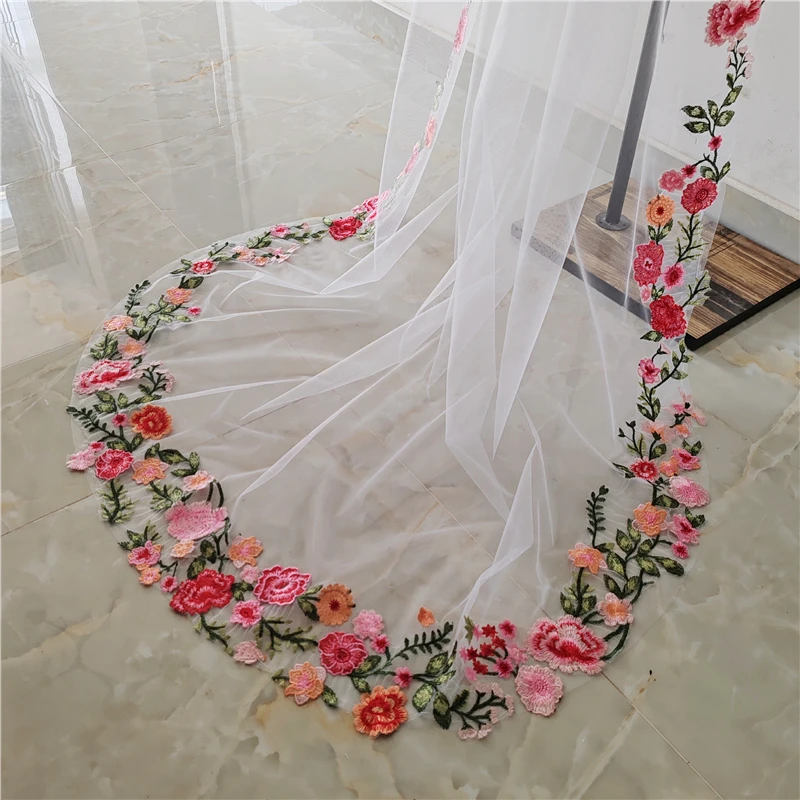

Green Leaves Pink Red Flowers Floral Bridal Wedding Veils Accessories For Brides White Ivory Tulle Cathedral Long Unique Forest