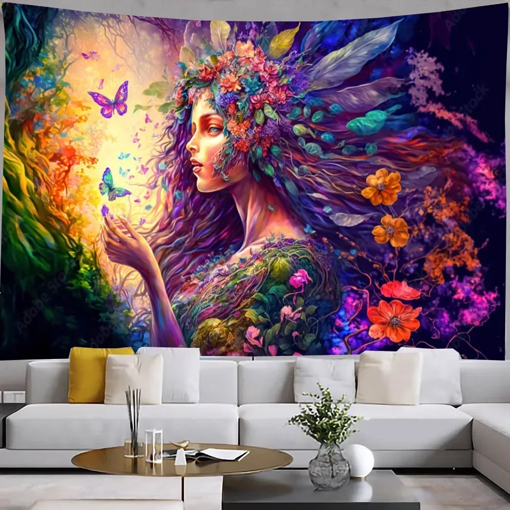 Butterfly Girl Tapestry Wall Hanging Gothic Home Decor Sun and Moon Tapestries Aesthetic Room Bedroom Decoration Kawaii Tapiz