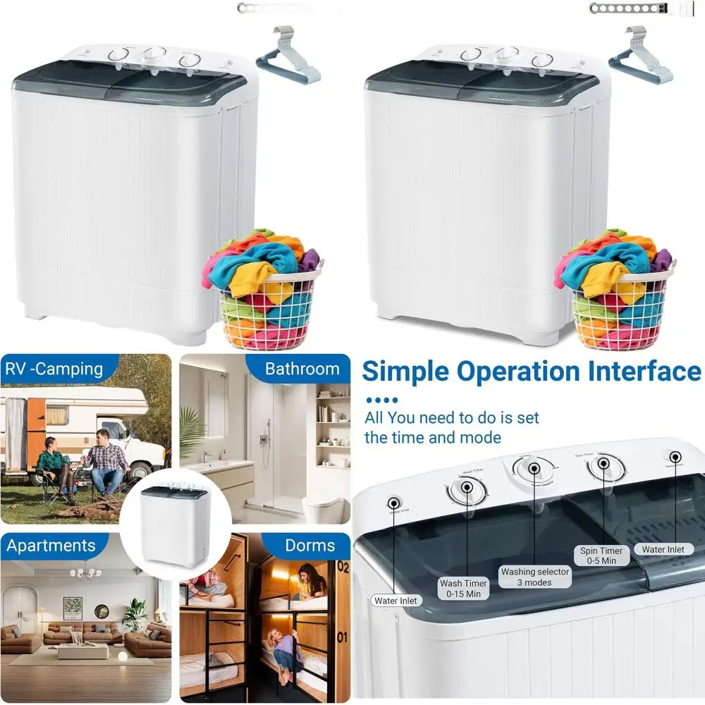 

Compact 22LB Twin Tub Washer with Dry Rack & Hangers, Semi-Automatic Laundry Machine for Home or Dorm, Black