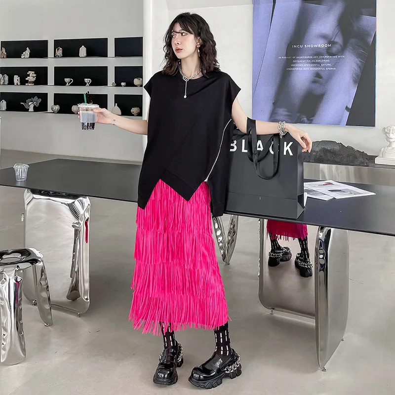 التنانير النسائية الصلبة هامش شرابة المجهزة تنورة H خط الكاحل طول مرونة الخصر نحيل سليم صالح أنيقة عادية 2025 ربيع الخريف