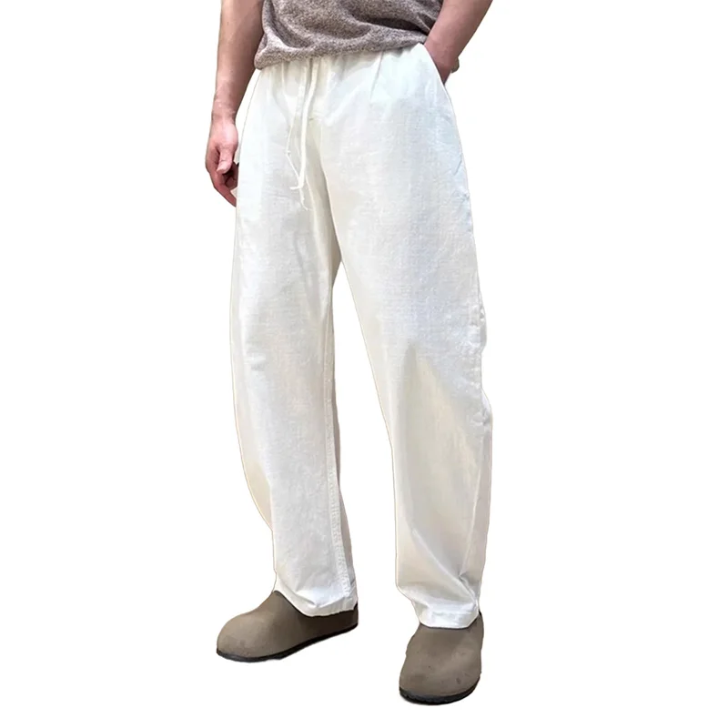 Men's Summer Thin Linen Pants in Off-White, Cool Cotton-Linen Scimitar Pants, Casual Slim Straight-Leg Pants
