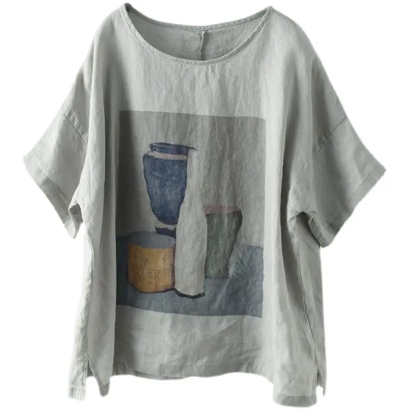 القطن الكتان تي شيرت المرأة موضة خمر الفن تي شيرت مطبوع عادية فضفاض كم قصير البلوز القمم 2025 الصيف رقيقة التي شيرت