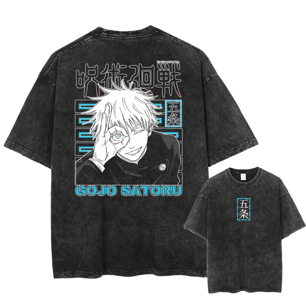 

Hip Hop Washed Oversized T-Shirt Japanese Anime Jujutsu Kaisen Print T Shirt Harajuku Cotton Tops Summer Short Sleeve Tshirt
