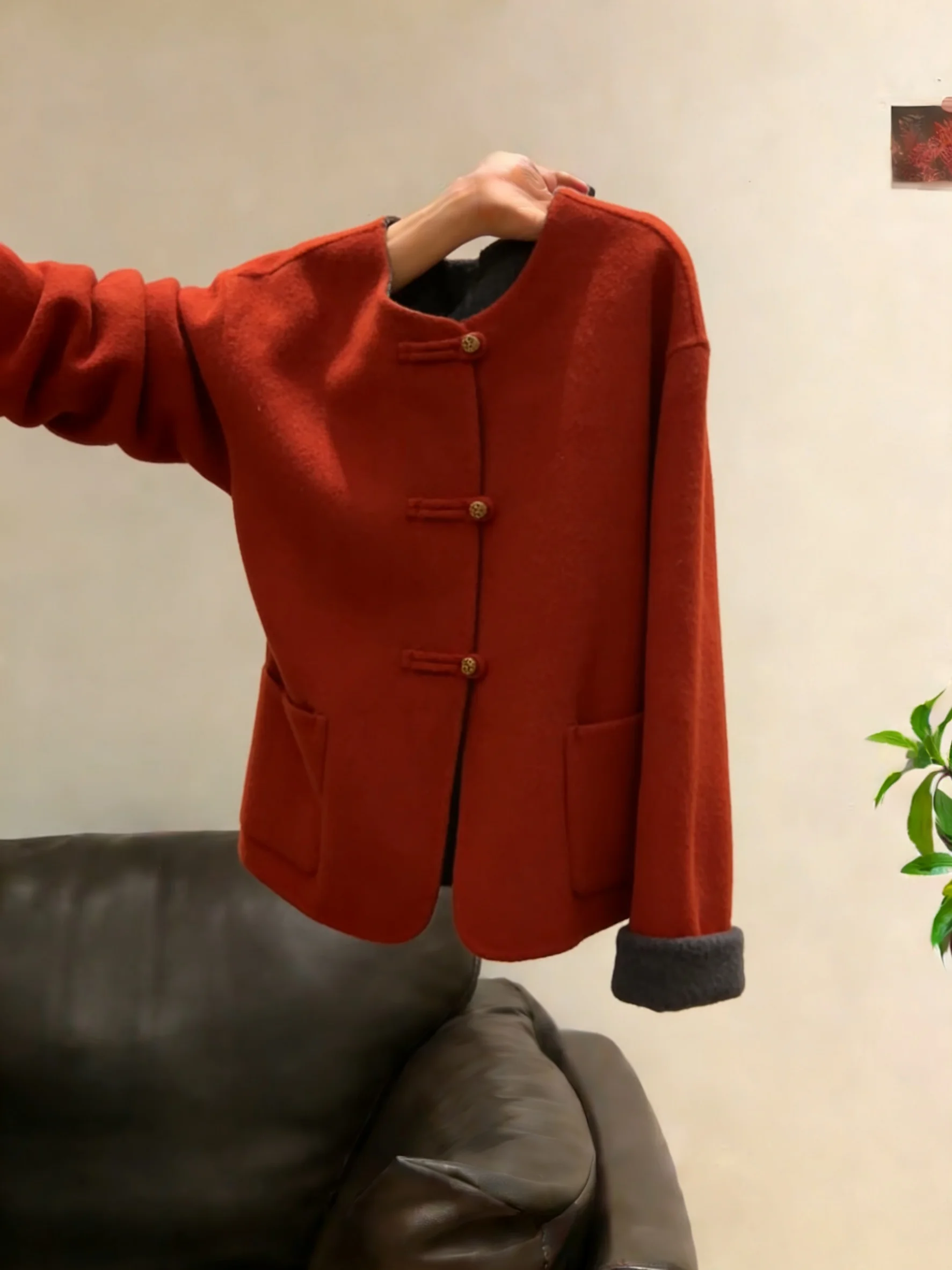 

Faionable High-End Loose round Ne Buttoned Woolen Coat Spring Autumn Vintage Single Button ort Woolen Top Women's Clothing