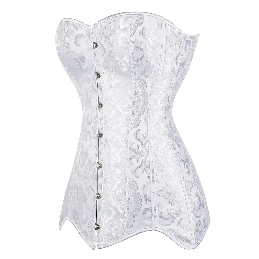 Women Vintage Jacquard Corset Top Hourglass Longline Overbust Steampunk Bustier Steel Boned Long Torso Corselet