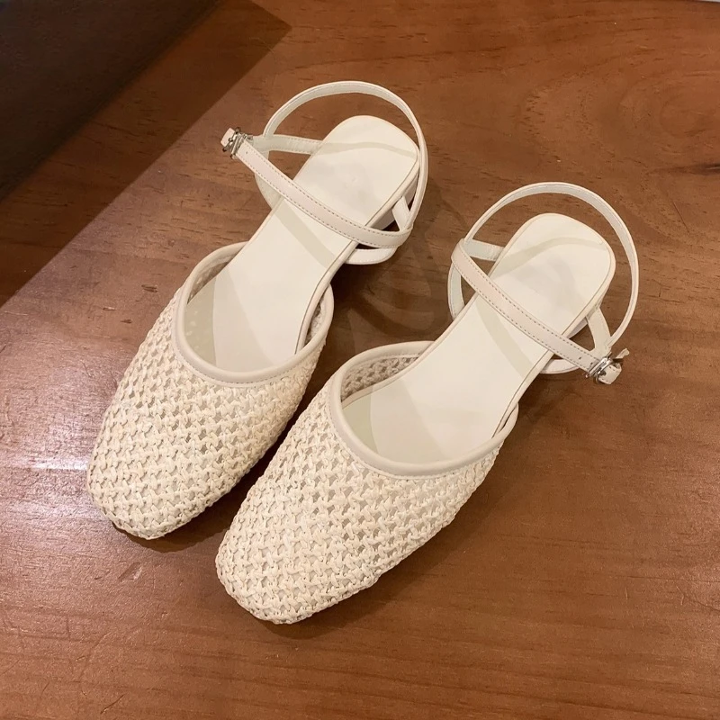 

weave Hollow Elegant Low Heel Women's Sandals Square Toe Ankle Buckle Designer Shoes Breathable Fashion Women Shoes Summer 2026