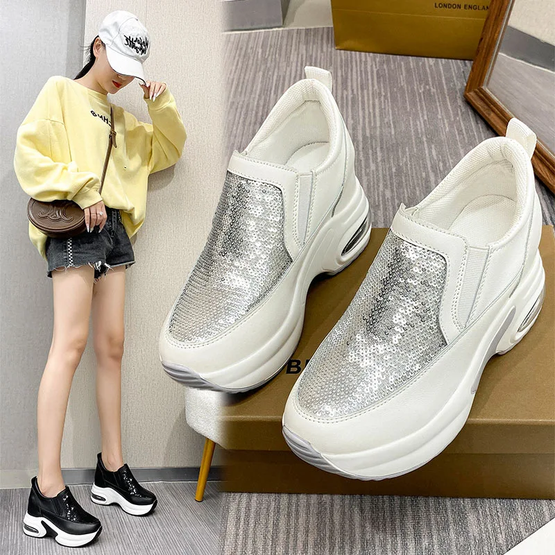 

2025New Spring and Autumn Shiny High-End Sequin Hidden Wedge White Shoes Korean Small Women's Shoes