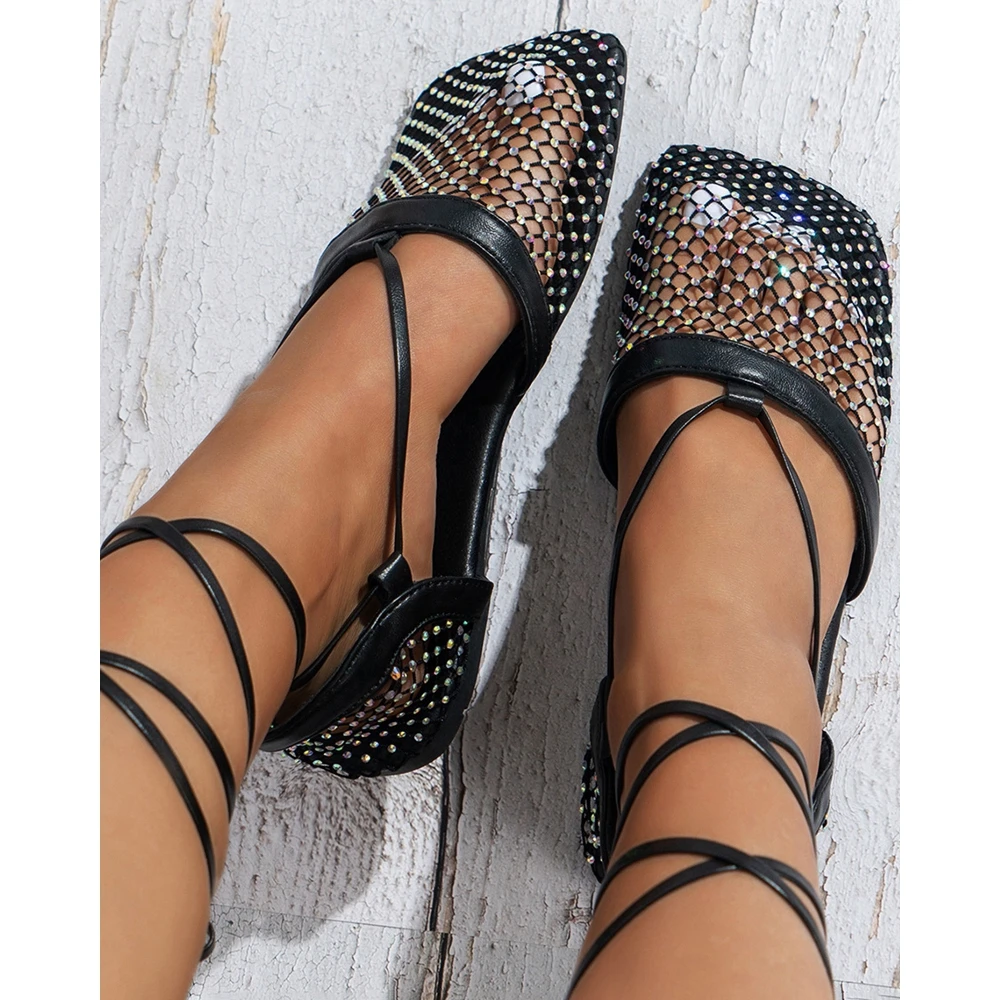 

Women Rhinestone Decor Square Toe Flat Beach Sandals Cisscross Lace Up Cover Heel Flats Going Out Femme Party Summer Shoes