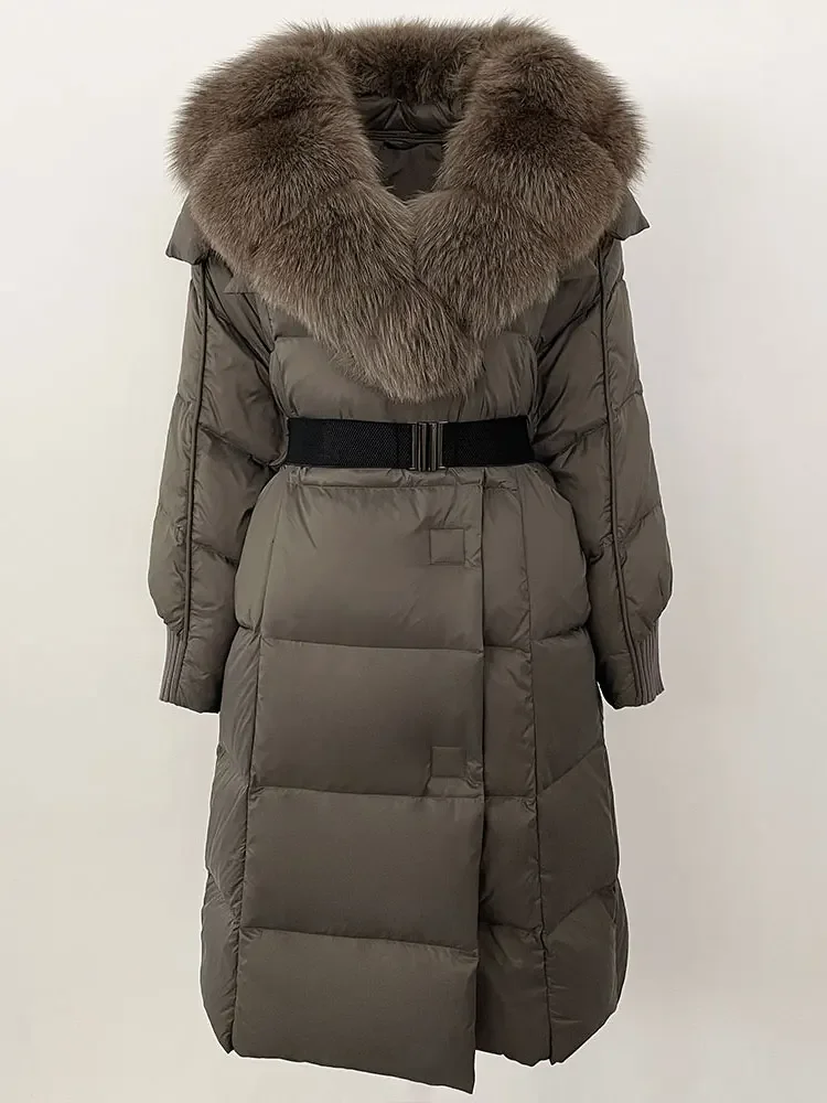 2025 المرأة الشتاء سترة طويلة الطبيعية ريال الراكون الثعلب الفراء طوق الأبيض بطة أسفل معطف حزام سميكة الدافئة ملابس خارجية غير رسمية
